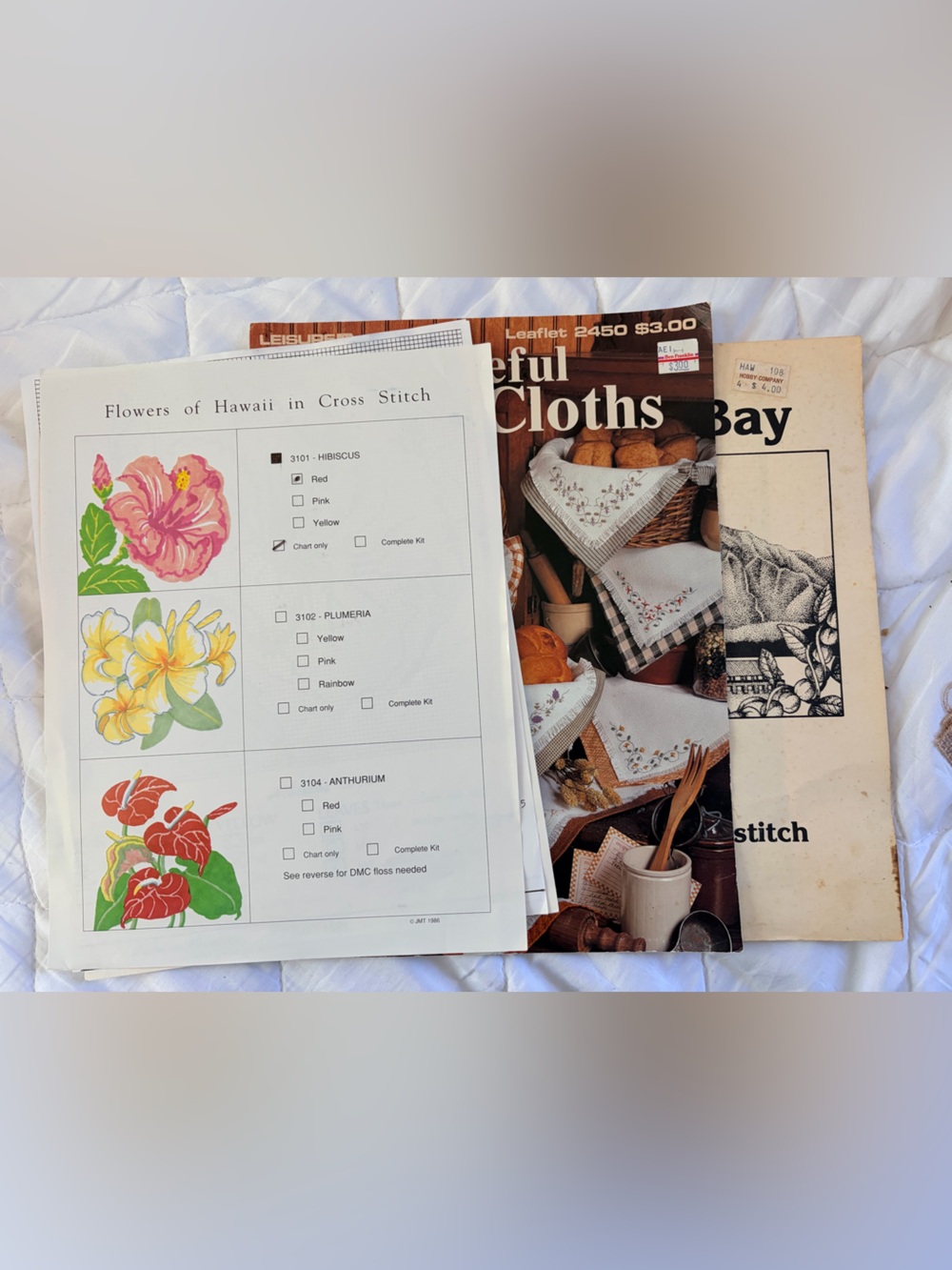 Vintage Cross Stitch Pattern Lot Hawaii Kauai Bread Cloths Flowers 1980s